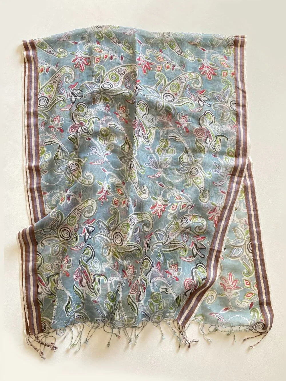 Silk Cotton Pastel Floral Large Rectangle Scarf Wrap Floral Fringed 70
